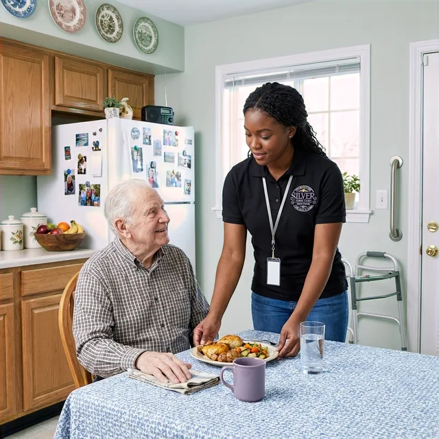 A Silver Home Care caregiver serving lunch to a client in his kitchen