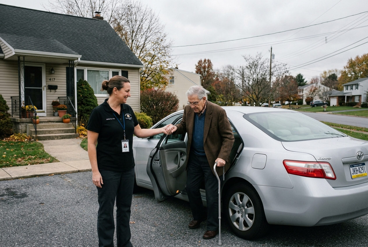 A Silver Home Care caregiver in a black polo steadying a client into the car on an overcast day