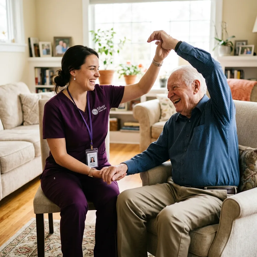 An elderly couple sharing a warm moment at home