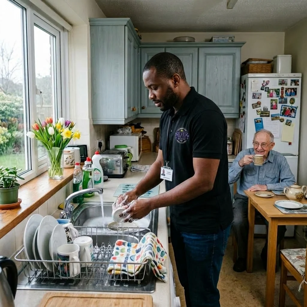 A Silver Home Care caregiver washing dishes while her client enjoys a cup of tea at the table