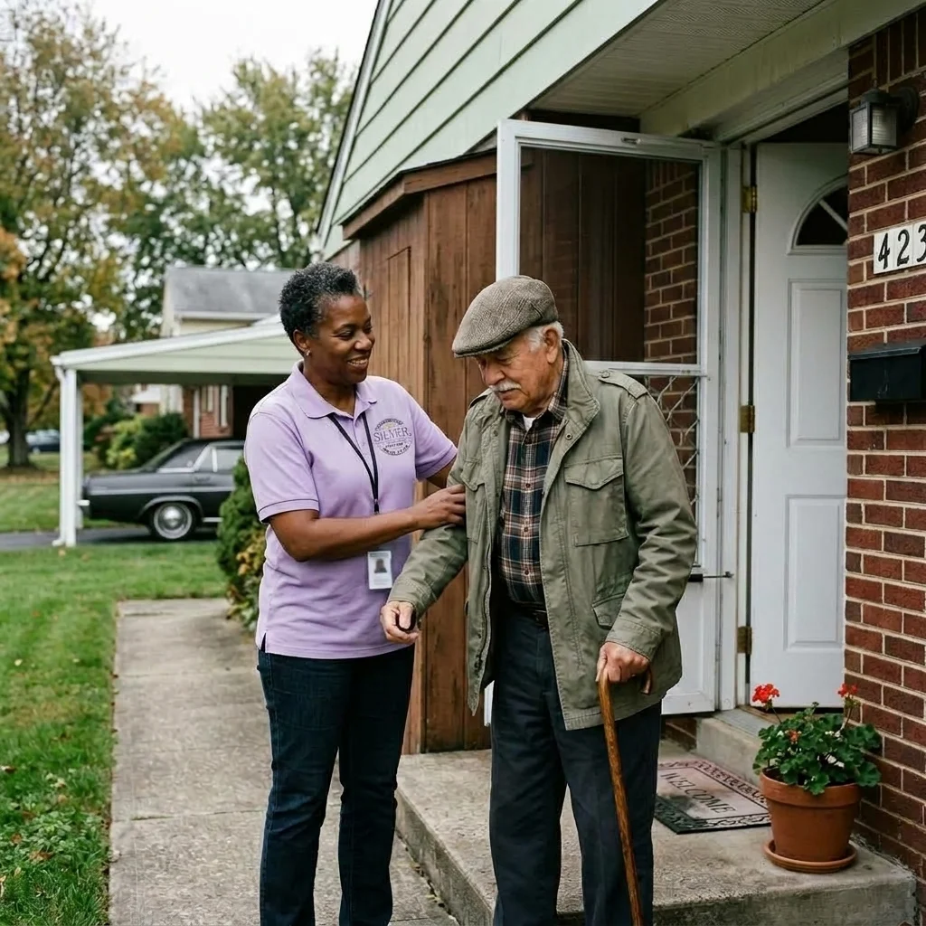 A Silver Home Care caregiver helping a client into his jacket at the front door before a walk