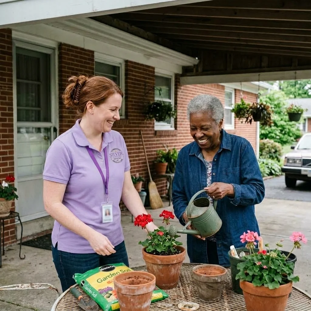 A Silver Home Care caregiver potting geraniums with a client under the carport