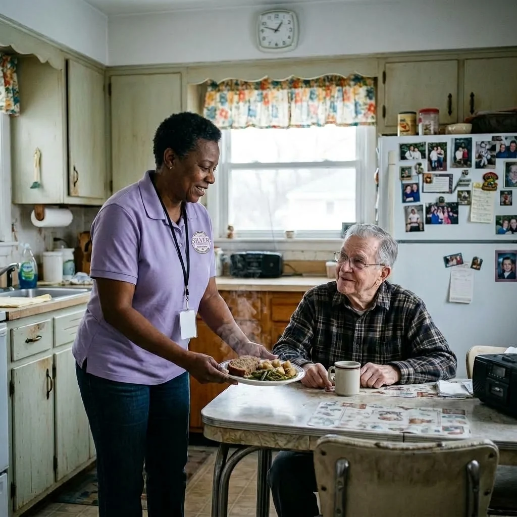 A Silver Home Care caregiver serving a hot dinner plate to a client at his kitchen table