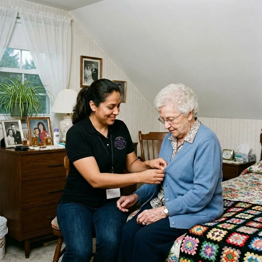 A Silver Home Care caregiver helping a client button her cardigan in her bedroom