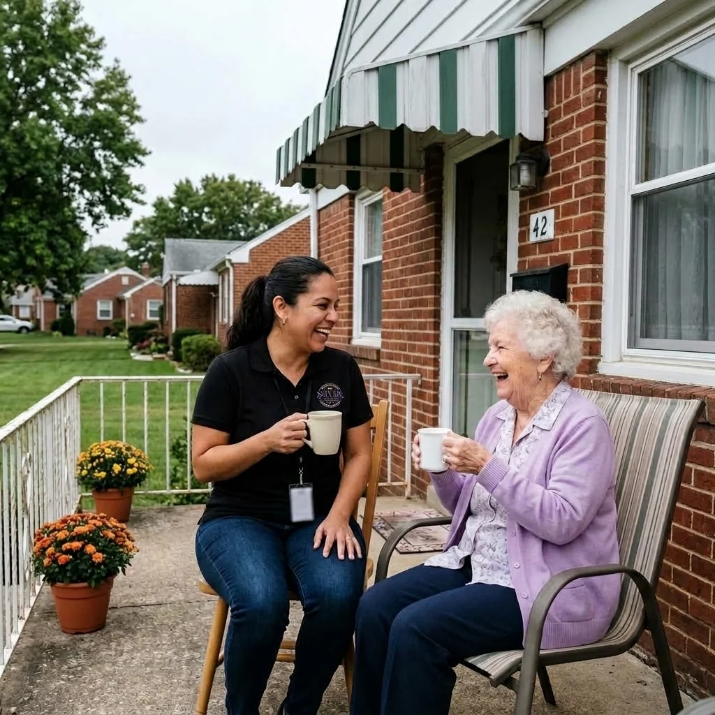 A Silver Home Care caregiver and a client laughing over coffee on her front porch