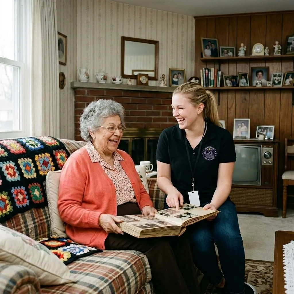 A Silver Home Care caregiver and a client laughing over a photo album on the sofa