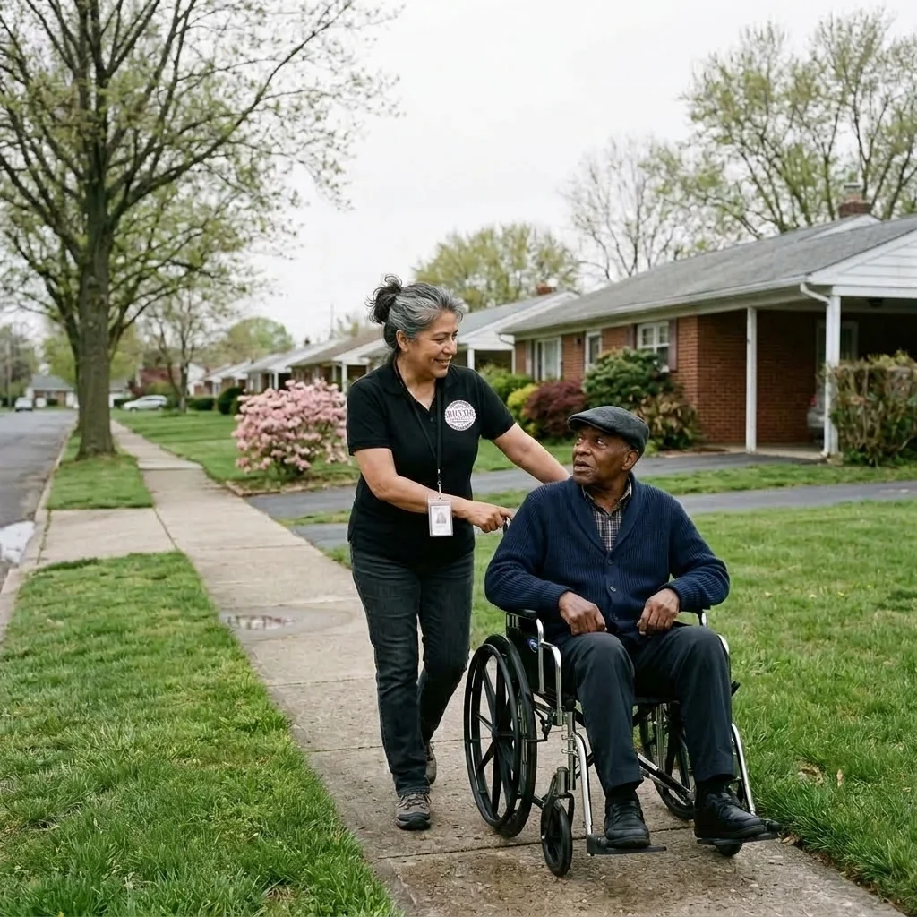 A Silver Home Care caregiver pushing a client in his wheelchair past brick ranch homes